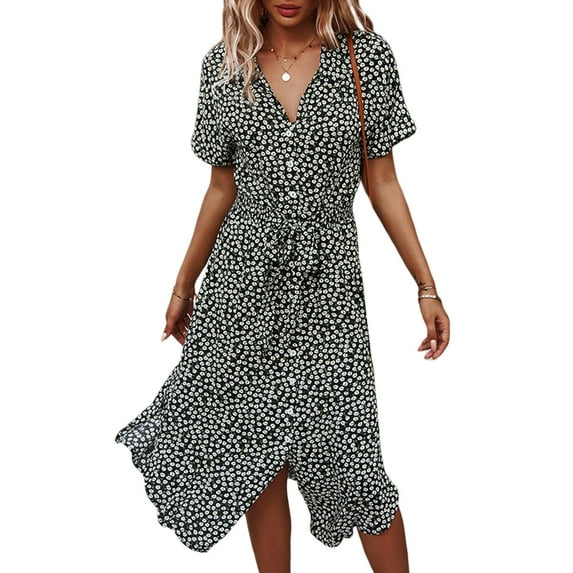 Women's Button Midi Dress,Short Sleeve Polka Dot Floral Print Shirt Dress Bohemian Summer Beach Party A-line Dress