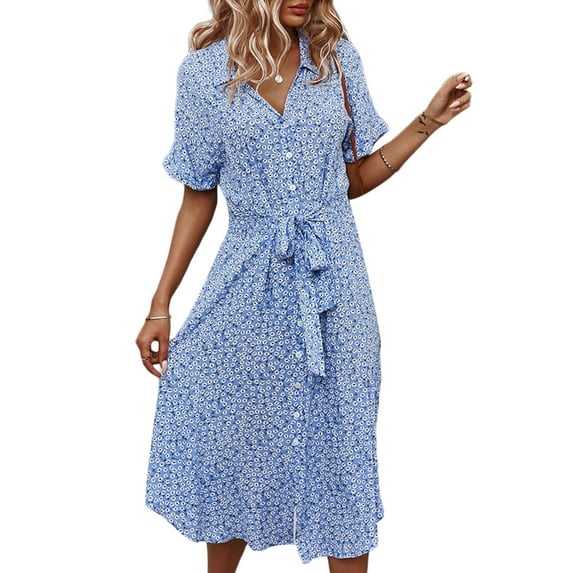 Women's Button Midi Dress,Short Sleeve Polka Dot Floral Print Shirt Dress Bohemian Summer Beach Party A-line Dress