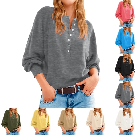 Women's Button Neck Sweater Long Sleeve Henley Fashion Loose Knit Pullover for Fall and Winter, Casual and Comfortable Top, Ideal for Daily Wear,Yellow,Size L