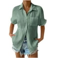 thumbnail image 1 of Women's Button Placket Casual Cotton Shirt, Short Sleeve Collared Solid Summer Blouses with Pocket Office Tops, 1 of 6
