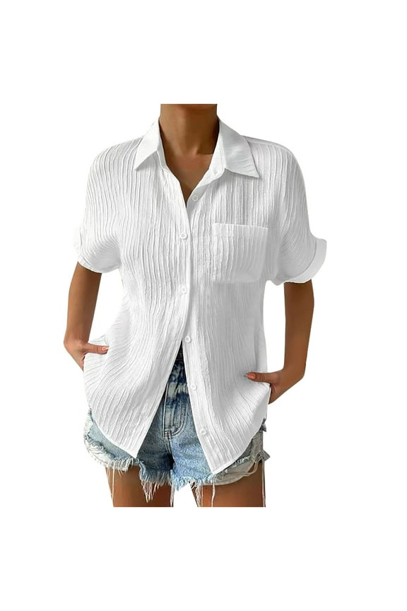 Women's Button Placket Casual Cotton Shirt, Short Sleeve Collared Solid Summer Blouses with Pocket Office Tops