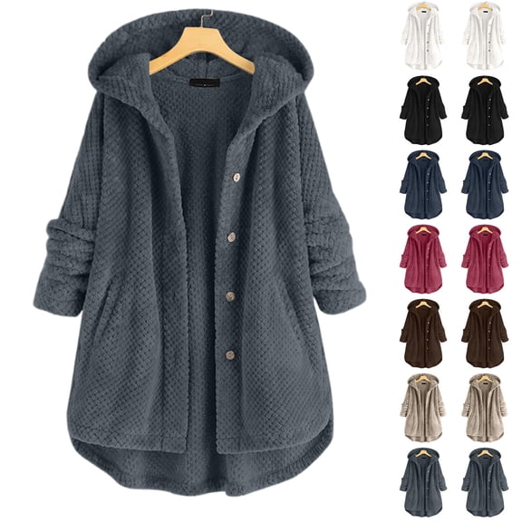 Women's Button Plush Hooded Double-Faced Fleece Sweatshirt Fashionable Mid-Length Coat for Fall and Winter, Warm and Soft, Winter Clothes for Women,Gray,S