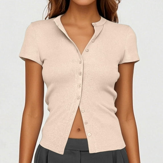 Women's Button Up Ribbed Short Sleeve Cardigan Pure Color T Shirt Oversized Button up Shirt Women's V Neck T Shirts Relaxed Fit Tees for Women Women Tunic Shirts Juniors Shirts Shirts for Women Casual