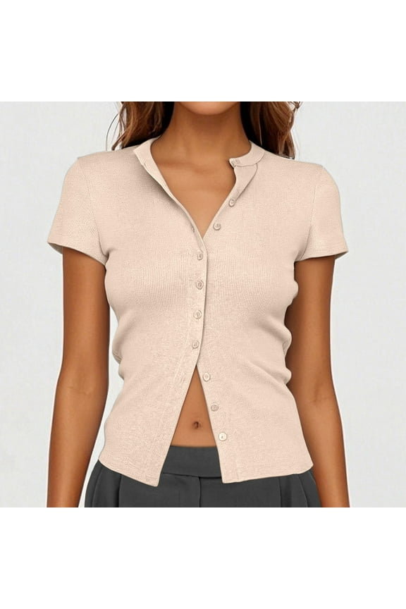 Women's Button Up Ribbed Short Sleeve Cardigan Pure Color T Shirt Oversized Button up Shirt Women's V Neck T Shirts Relaxed Fit Tees for Women Women Tunic Shirts Juniors Shirts Shirts for Women Casual