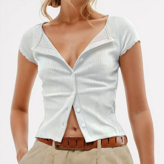 Women's Button Up Ribbed Short Sleeve Cardigan Pure Color T Shirt Oversized Button up Shirt Women's V Neck T Shirts Relaxed Fit Tees for Women Women Tunic Shirts Juniors Shirts Shirts for Women Casual