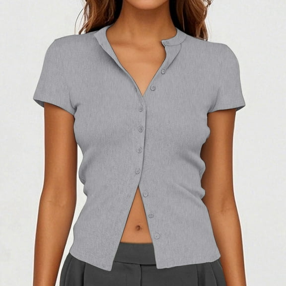 Women's Button Up Ribbed Short Sleeve Cardigan Pure Color T Shirt Womens Button down Work Shirt V Neck Women's Tops Casual Shirts for Women Summer Womens Long Thermal Shirts T Shirts for Juniors