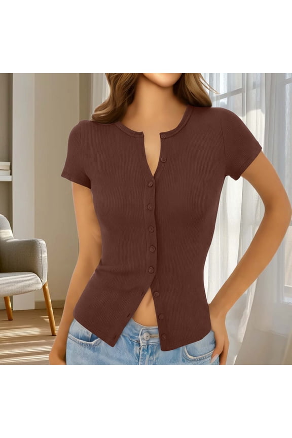 Women's Button Down Shirt Cap Sleeve Tops for Women Button Down Up Shirts Lightweight Regular Length Cardigan Fall Tops Ribbed Knit Slim Fit Casual Y2K Crop Going Out Top