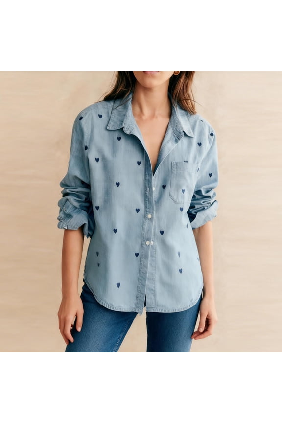 Women's Button Down Shirt Long Sleeve Collar Top Blouse, Print Work Office Business Casual Daily Wear, Fashion Essential Gift for Women | Aestivo,Light Blue L