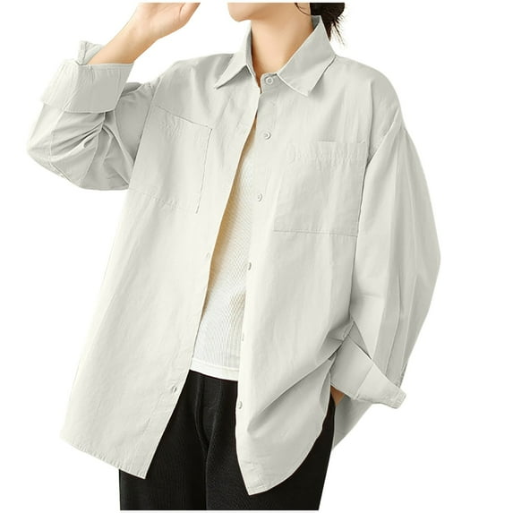 Women's Button Shirts Fashion Solid Color Stand-up Collar Shirt Long Sleeve Breathable Cotton Blouses Casual Loose Lapel Dressy Work Top with Pocket White M