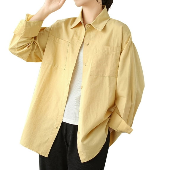 Women's Button Shirts Fashion Solid Color Stand-up Collar Shirt Long Sleeve Breathable Cotton Blouses Casual Loose Lapel Dressy Work Top with Pocket Yellow XL