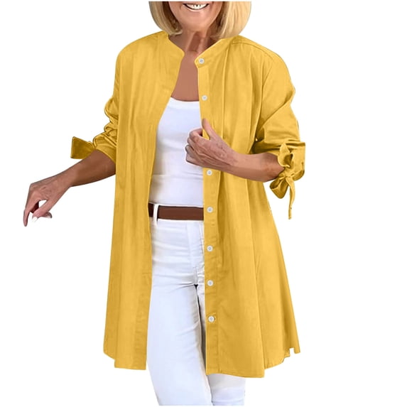 Women's Button Down Shirts Jacket Casual Trendy Solid Color Collarless Long Sleeve Cotton Shackets Fall Lightweight Loose Fit Bow Tie Cuffs Outerwear Coat