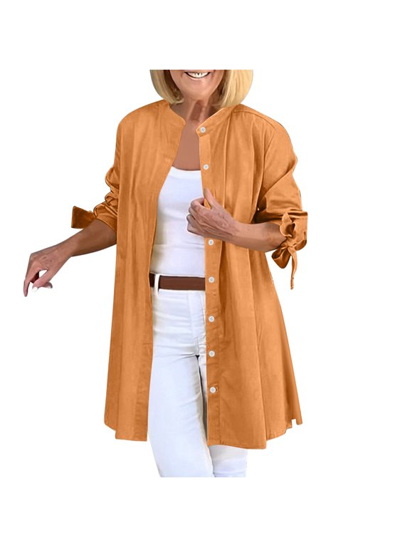 Women's Button Down Shirts Jacket Casual Trendy Solid Color Collarless Long Sleeve Cotton Shackets Fall Lightweight Loose Fit Bow Tie Cuffs Outerwear Coat