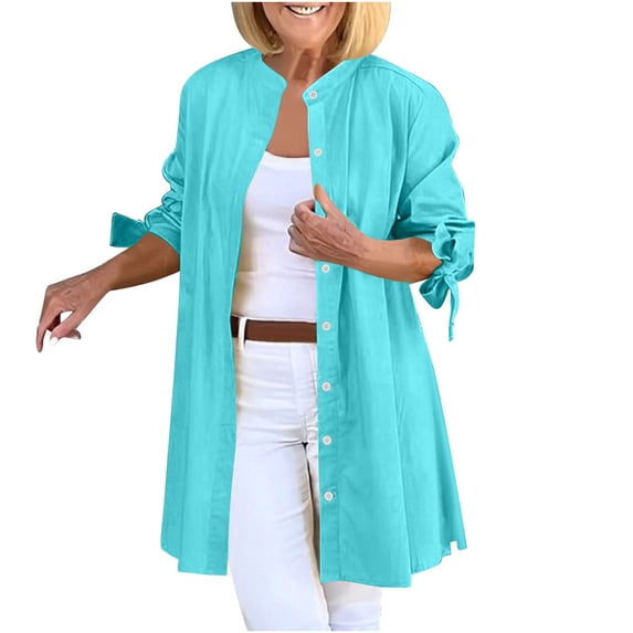 Women's Button Down Shirts Jacket Casual Trendy Solid Color Collarless Long Sleeve Cotton Shackets Fall Lightweight Loose Fit Bow Tie Cuffs Outerwear Coat
