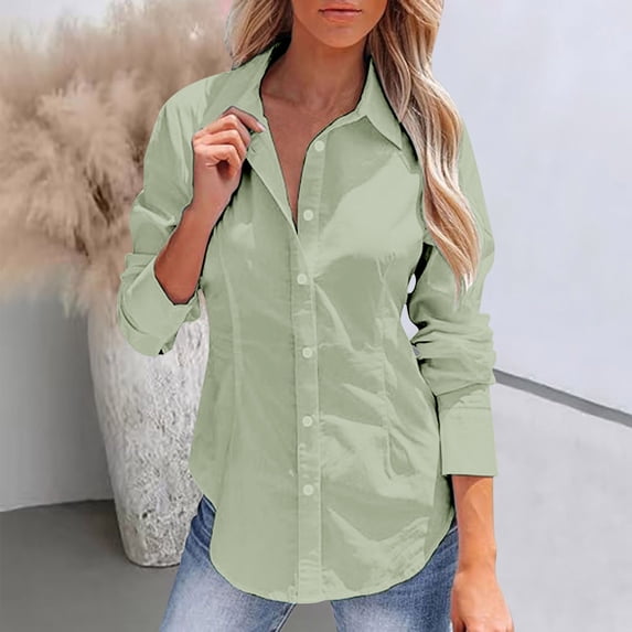 Women's Button Down Shirts Long Sleeve Dress Shirts Wrinkle Free Collared Work Office Solid Blouses Corset Tops Casual Collared Blouses Loose Fit Shirt Light Green XXXXL