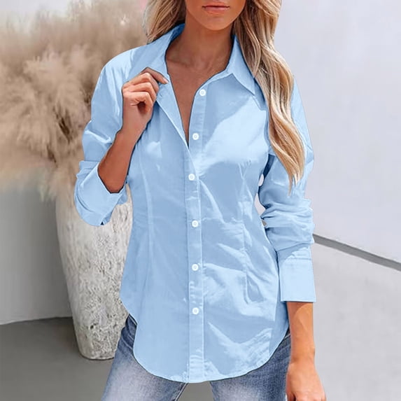 Women's Button Down Shirts Long Sleeve Dress Shirts Wrinkle Free Collared Work Office Solid Blouses Corset Tops Casual Collared Blouses Loose Fit Shirt Sky Blue XXXL