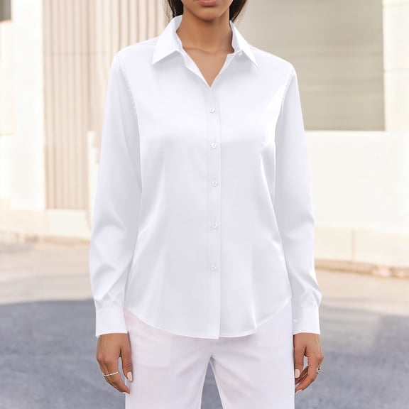 Women's Button Down Shirts Stand Collar Long Sleeve Tops Basic Classic T Shirts Soft Shirt Lightweight Slim-Fit Blouses Fashion Business Casual Outfits Spring Summer Clothes White M
