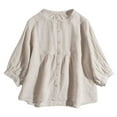 thumbnail image 1 of Women's Button Solid Color Round Neck 3/4 Sleeve Shirt Loose Fit Japanese Style, 1 of 2