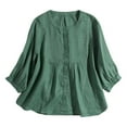 thumbnail image 1 of Women's Button Solid Color Round Neck 3/4 Sleeve Shirt Loose Fit Japanese Style, 1 of 2