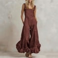 thumbnail image 1 of Women’s Button Strap Jumpsuit Squares Neck Ruffle Hem Wide Leg Flowy Pants Overalls with Pockets, Summer Boho Casual Wear Wine XL, 1 of 6