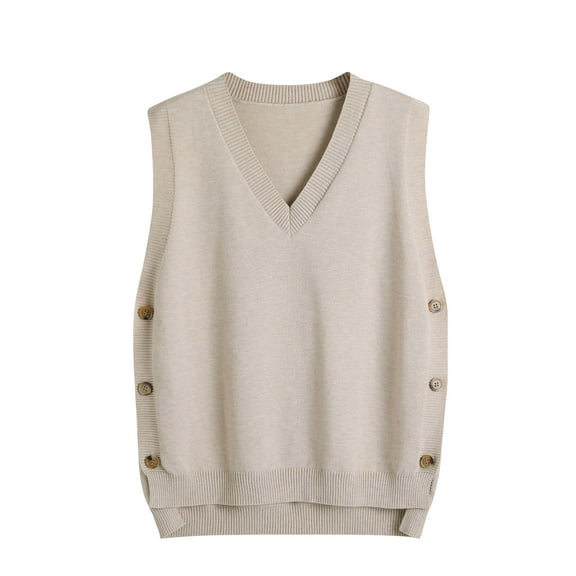 Women's Button Sweater Casual Sleeveless Pullover Vest Ribbed Knit V Neck Classic Side Split Top Fall Winter Warm Basiclayer (M, Khaki)