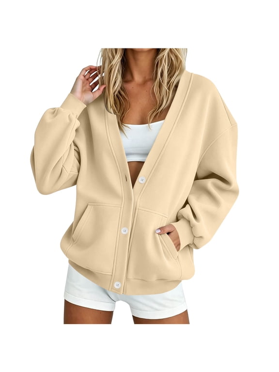 Women's Button Up Sweatshirt Open Front V Neck Long Sleeve Jackets Button Down Cardigan Jacket, Trendy Solid Color Sweatshirts, With Pockets, Fall Fashion Clothes, Daily Wear, Loungewear
