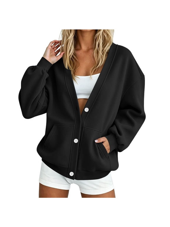 Women's Button Up Sweatshirt Open Front V Neck Long Sleeve Jackets Button Down Cardigan Jacket, Trendy Solid Color Sweatshirts, With Pockets, Fall Fashion Clothes, Daily Wear, Loungewear