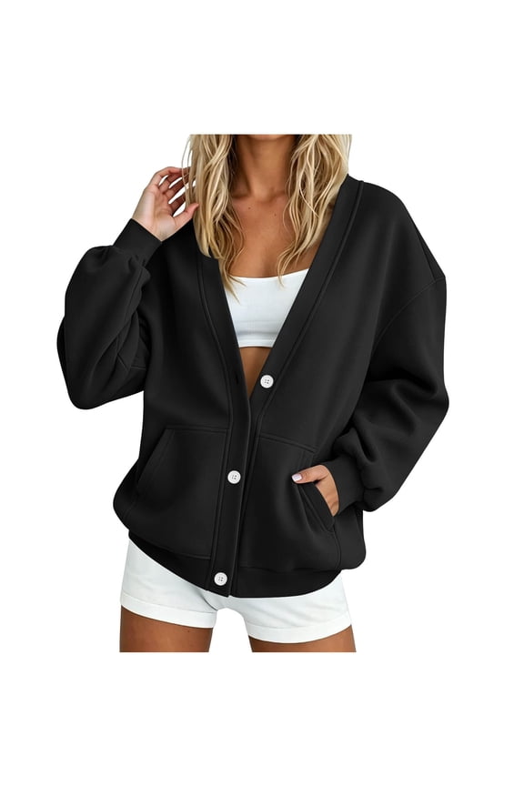 Women's Button Up Sweatshirt Open Front V Neck Long Sleeve Jackets Button Down Cardigan Jacket, Trendy Solid Color Sweatshirts, With Pockets, Fall Fashion Clothes, Daily Wear, Loungewear