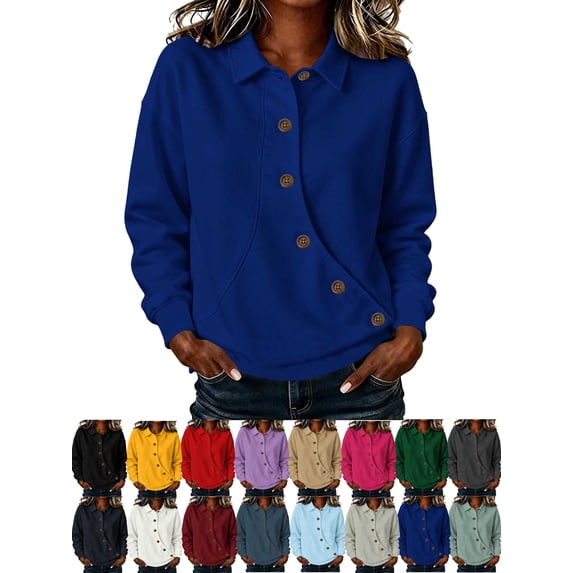 Women's Button Sweatshirt Solid Color Sports Casual Loose Button Lapel Hoodless Sweatshirt Top S-2XL