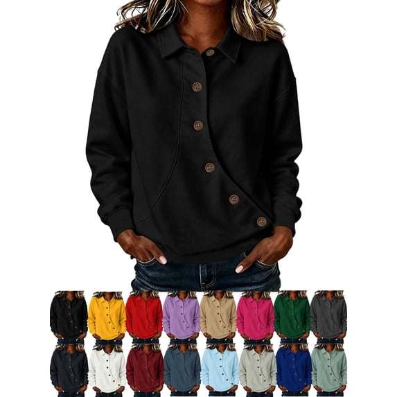 Women's Button Sweatshirt Solid Color Sports Casual Loose Button Lapel Hoodless Sweatshirt Top S-2XL