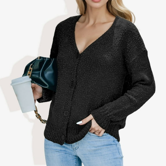 Women's Button-Up Cardigan V-Neck Long Sleeve with Ribbed Hem- Small, Black