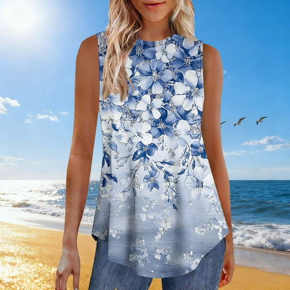 Women's Button Up Casual Loose Fit Round Neck Sleeveless Printed Tank Top For Summer