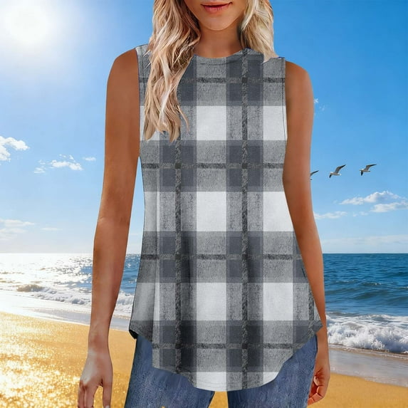 Women's Button Up Casual Loose Fit Round Neck Sleeveless Printed Tank Top For Summer