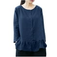thumbnail image 1 of Women's Button Up Casual Tops Long Sleeve Round Neck Cotton Linen Ruffled Hem Plus Size Solid Shirts Spring Blouses Dark Blue,L, 1 of 6