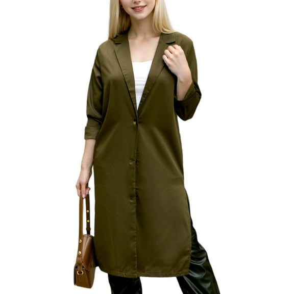 Women's Button Up Collar Breezy Cardigan Coat- Large,Dark Green