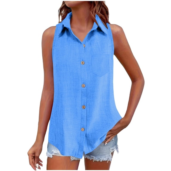Women's Button Up Collared Tank Top Sleeveless Loose Casual Blouse Solid Color Basic Layering Shirt for Office Work Wear,XXL,Blue