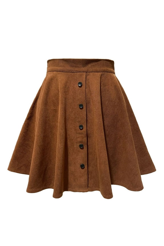 Women's Button Up Flare A-Line Corduroy Skater Mini Skirt High Waist Pleated Short Skirts for Women