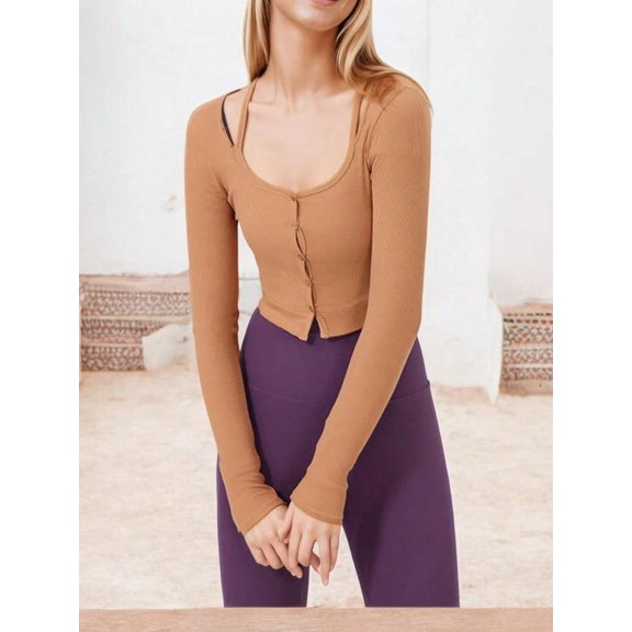 Women's Button-Up Long Sleeve Crop Top with Scoop Neck and Thumbhole Cuffs- Medium, Brown