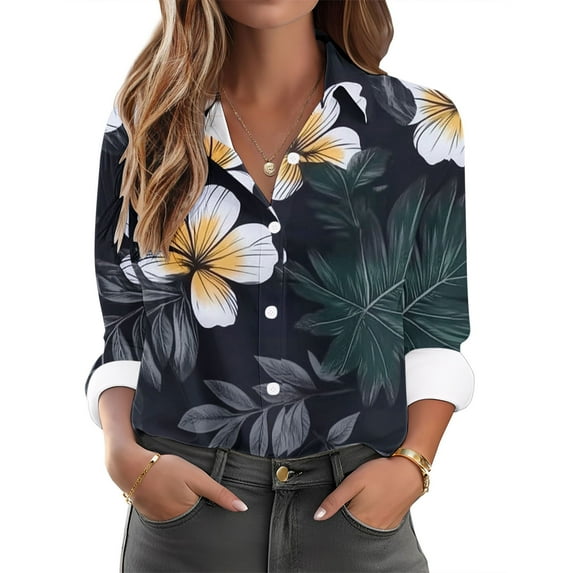 Women's Button-Up Long Sleeve Shirts Fashion Floral Print Dressy Blouses Casual Turndown Collar Shirt Loose Tops Spring Summer Outdoor,Beach,Vacation Top 08#Multicolor S