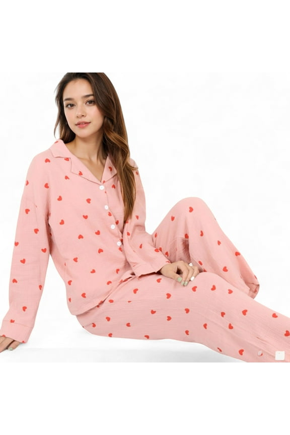 Women's Button-Up Pajama Set with Heart Print and Notched Collar - Medium, Pink