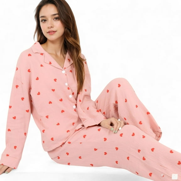 Women's Button-Up Pajama Set with Heart Print and Notched Collar - Small, Pink