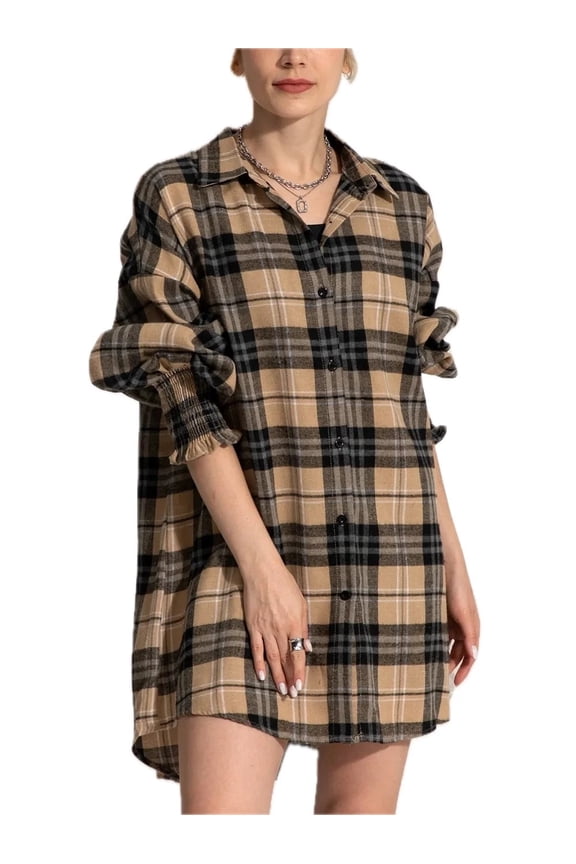 Women's Button Up Plaid Long Sleeve Shirt Dress 100% Polyester Fabric Classic Casual Fit Easy Care Versatile Everyday
