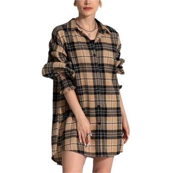 Women's Button Up Plaid Long Sleeve Shirt Dress 100% Polyester Fabric Classic Casual Fit Easy Care Versatile Everyday