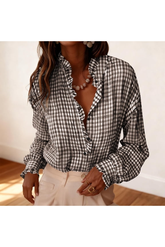 Women's Button Up Plaid Shirt Ruffled V Neck Blouses Checkered Roll-Up Long Sleeve Casual Dressy Fall Spring Tops (L, Coffee)