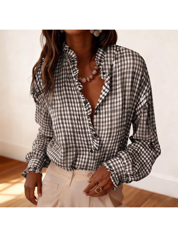 Women's Button Up Plaid Shirt Ruffled V Neck Blouses Checkered Roll-Up Long Sleeve Casual Dressy Fall Spring Tops (S, Coffee)