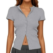 Women's Button Up Ribbed Short Sleeve Cardigan Pure Color T Shirt