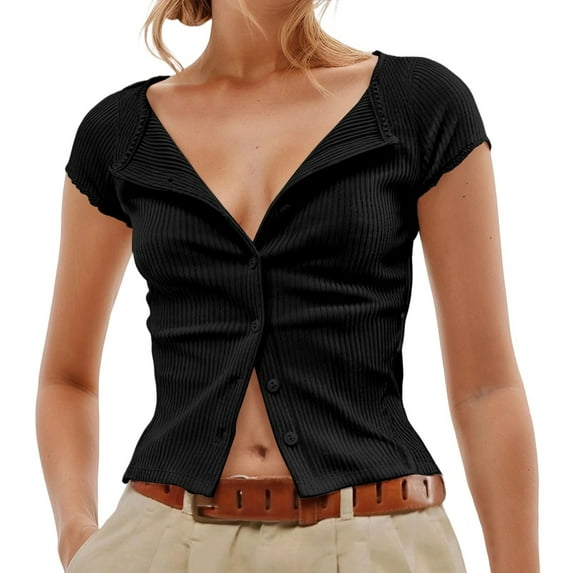 Women's Button Up Ribbed Short Sleeve Cardigan Pure Color T Shirt