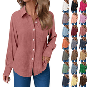 Womens Button Up Shirts Cotton Breathable Tunics Shirts Casual Solid Loose Long Sleeve Blouse with Pockets Basic Work Weekend