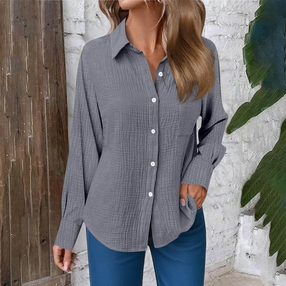 Women's Button Up Shirts Cotton Breathable Tunics Shirts Casual Solid Loose Long Sleeve Blouse with Pockets Basic Work Weekend
