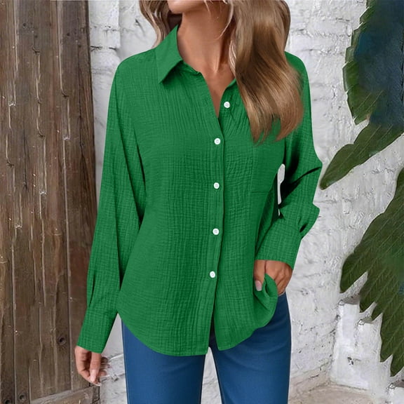 Women's Button Up Shirts Cotton Breathable Tunics Shirts Casual Solid Loose Long Sleeve Blouse with Pockets Basic Work Weekend