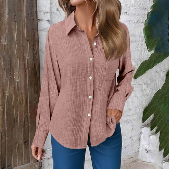 Women's Button Up Shirts Cotton Breathable Tunics Shirts Casual Solid Loose Long Sleeve Blouse with Pockets Basic Work Weekend